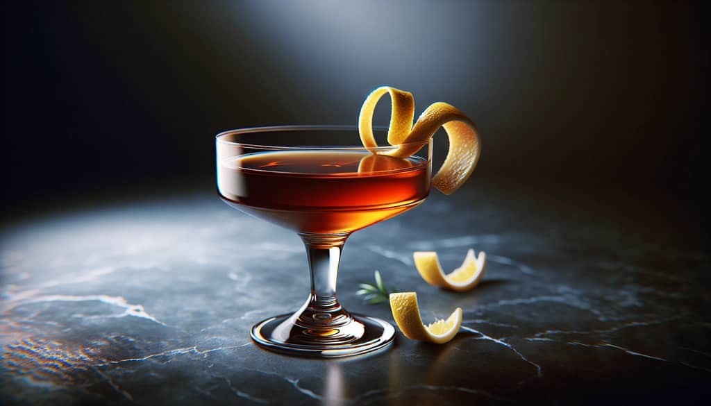 perfect manhattan cocktail closeup with lemon twist