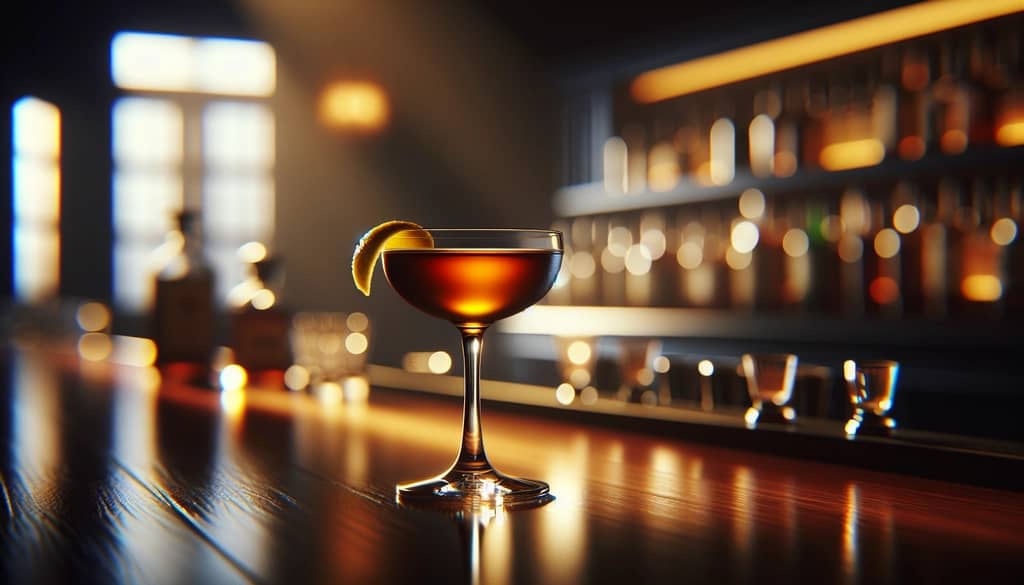 perfect manhattan cocktail in a coupe glass with lemon twist