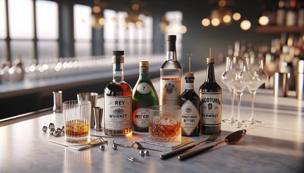 Manhattan ingredients with bar spoon and bitters