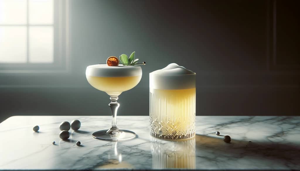 Dwa koktajle pisco sour obok siebie, jeden pieniący się, a drugi klarowny