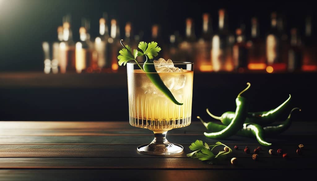 picante de la casa tequila cocktail with green chili and coriander in an old fashioned glass