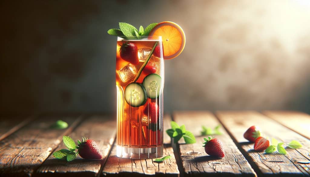 Pimm's Cup cocktail with fresh fruit in a tall glass