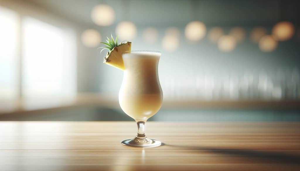 piña colada cocktail in hurricane glass with pineapple wedge