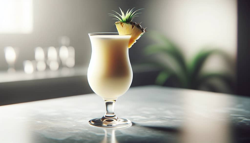 piña colada cocktail in hurricane glass with pineapple garnish