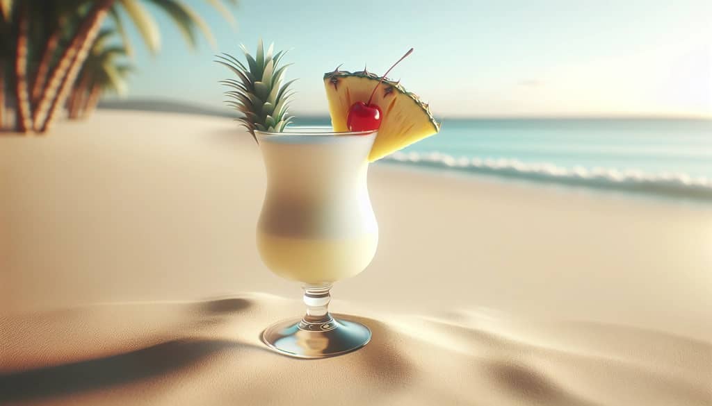 pina colada in a hurricane glass with pineapple garnish