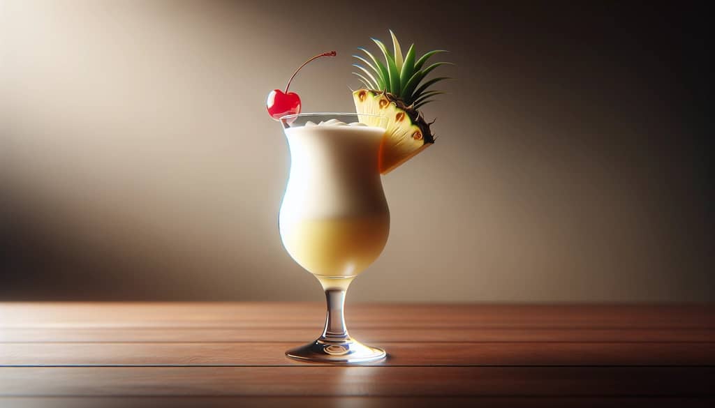 pina colada in a hurricane glass with pineapple and cherry garnish