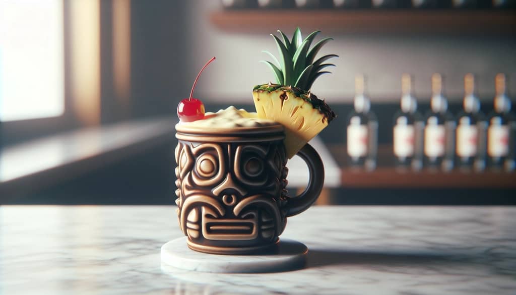 pina colada in tiki mug with pineapple garnish