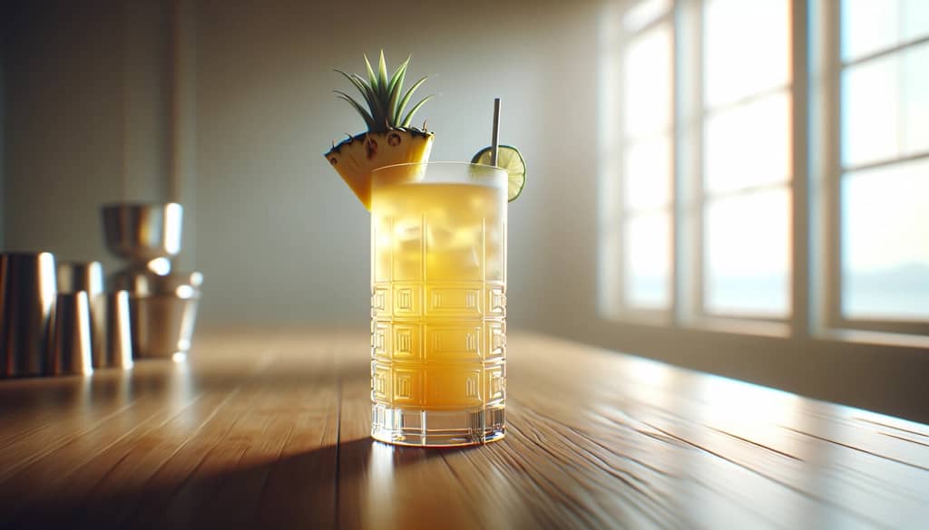 cocktail with canned pineapple garnish and juice