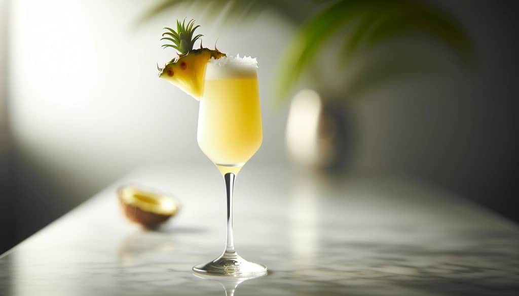 mimosa de piña y coco en copa flauta