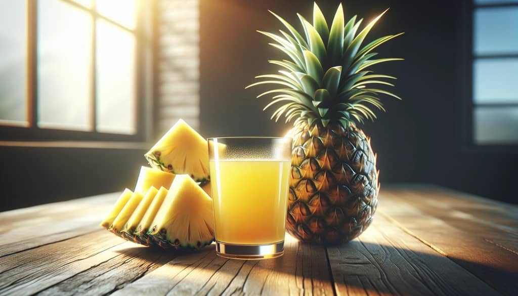 fresh pineapple and juice on wood