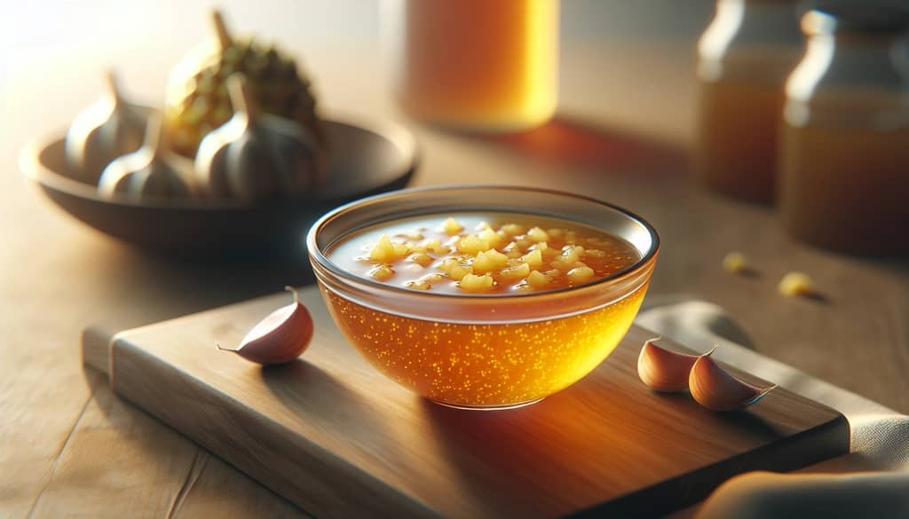 small bowl of pineapple marinade with chopped garlic