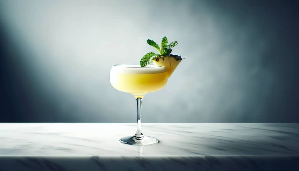 pineapple mimosa in coupe glass with mint