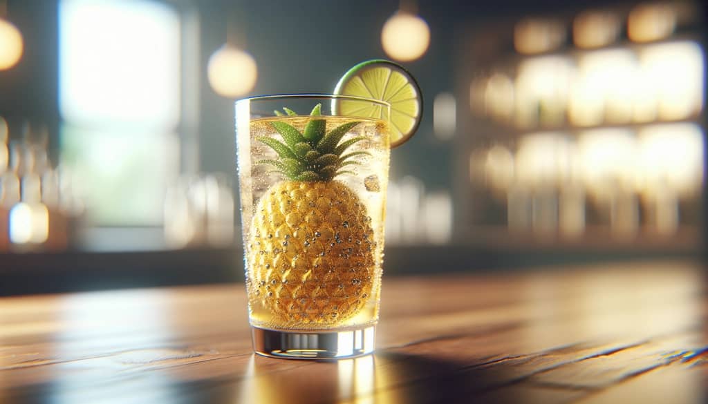 Pineapple rum and tonic in highball glass with lime