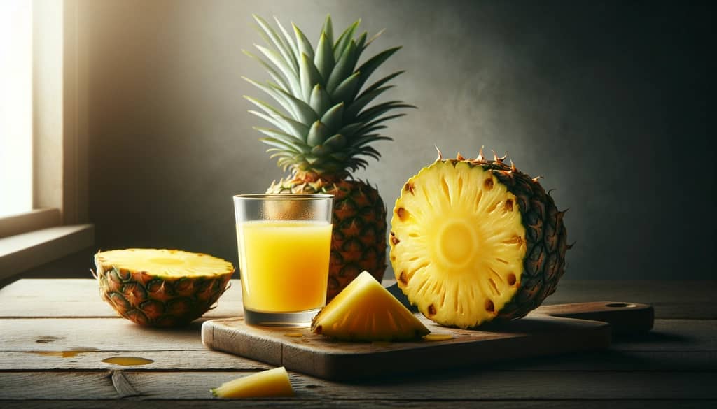 sliced pineapple and juice on wood