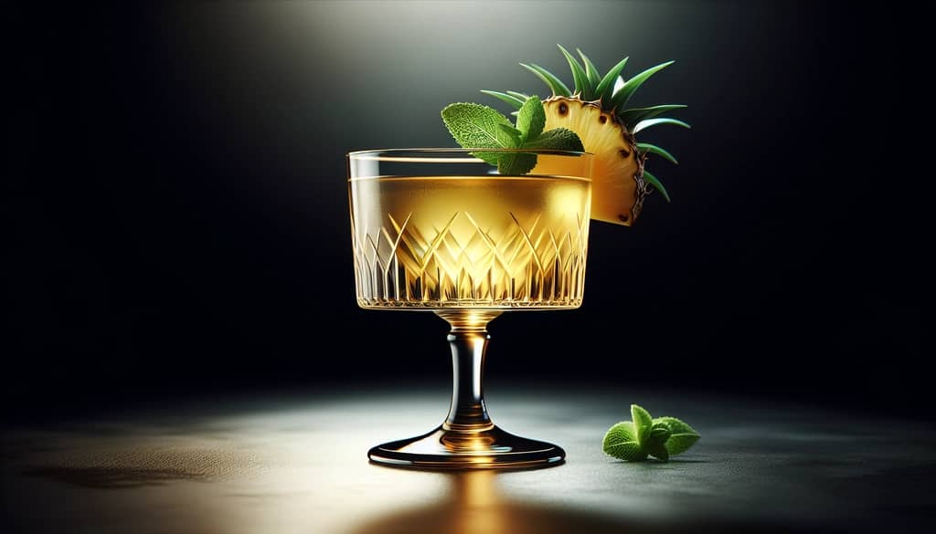 modern pineapple vodka cocktail in coupe glass with mint garnish