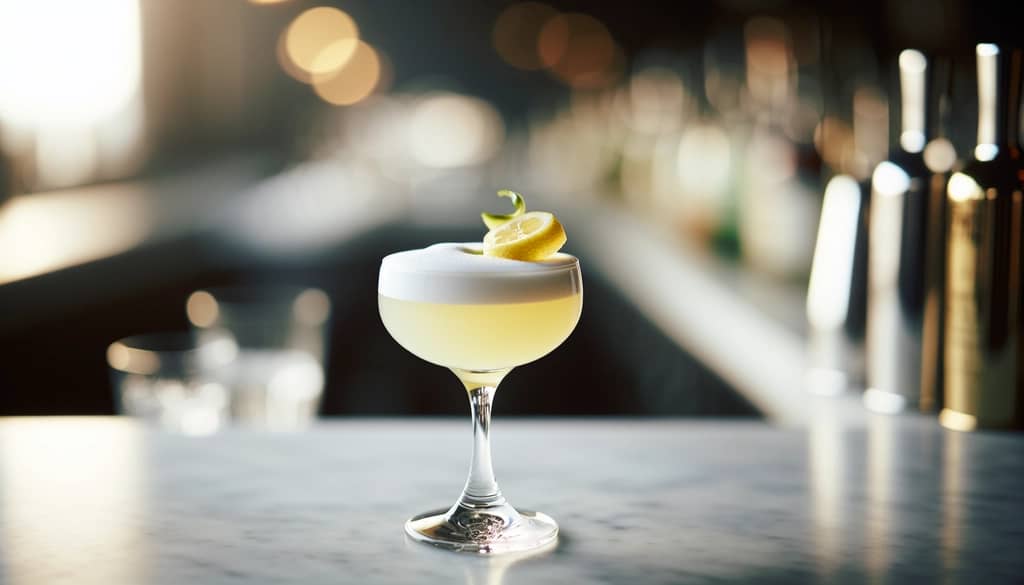 koktajl pisco sour z ozdobą z wykrętu cytrynowego