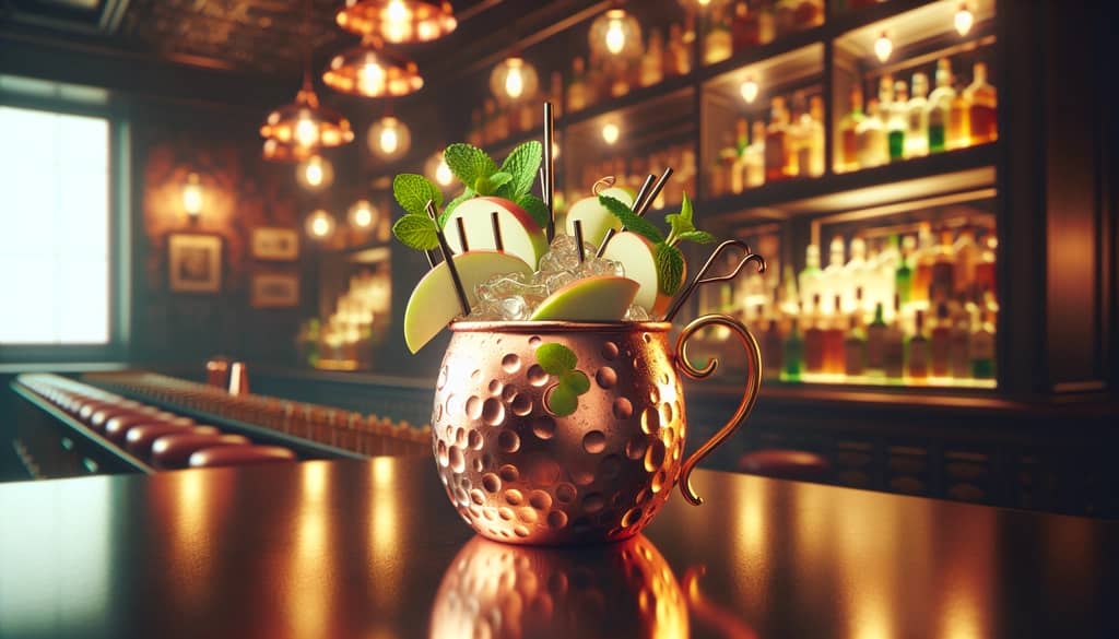 plated irish apple mule cocktails with garnishes on a bar