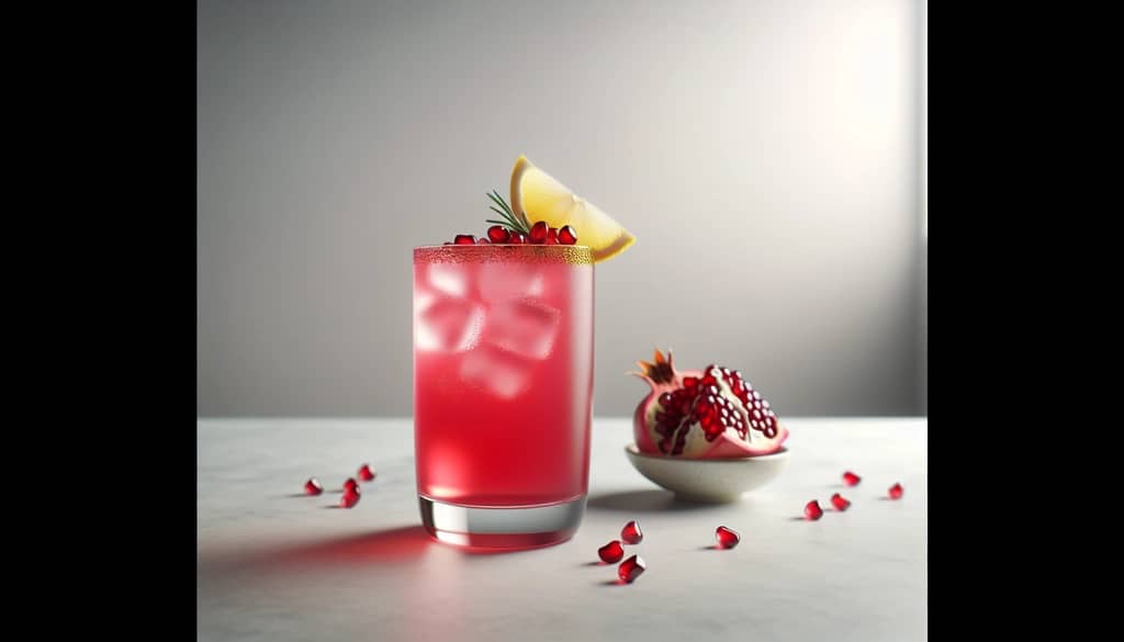 pomegranate gin fizz in a highball glass with lemon twist
