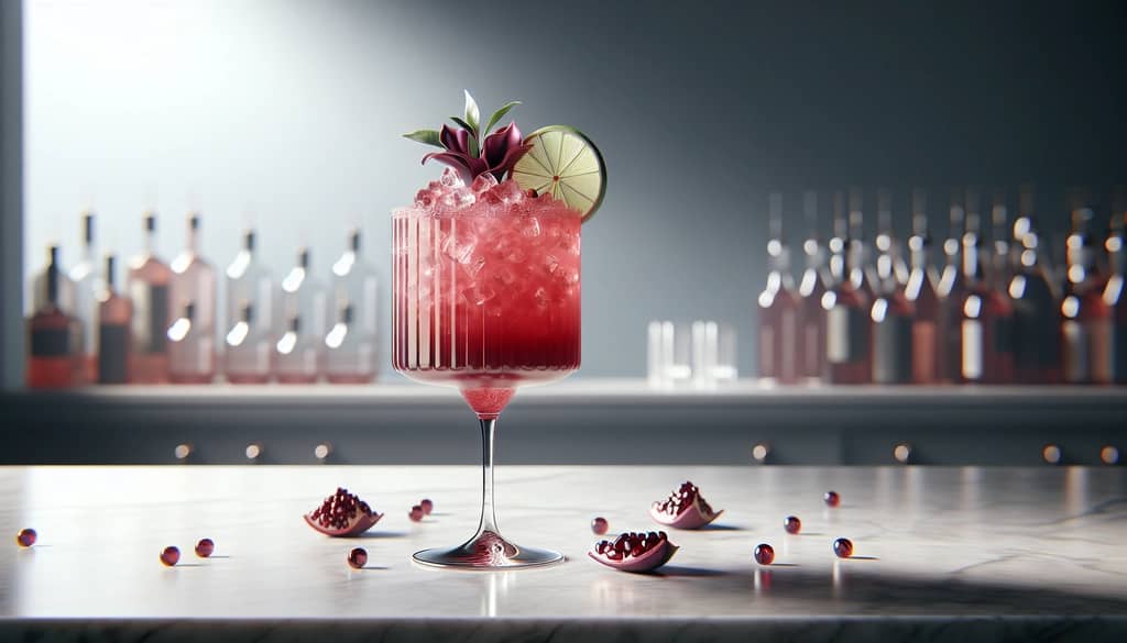 margarita de hibisco y granada rojo brillante en vaso bajo con lima