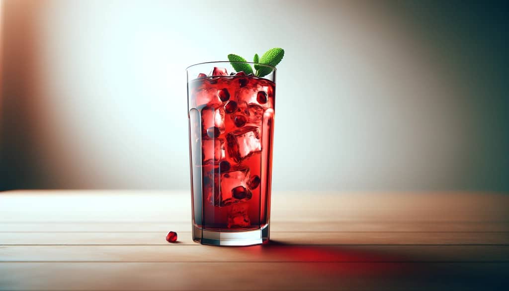 Pomegranate iced tea with mint on a wooden table