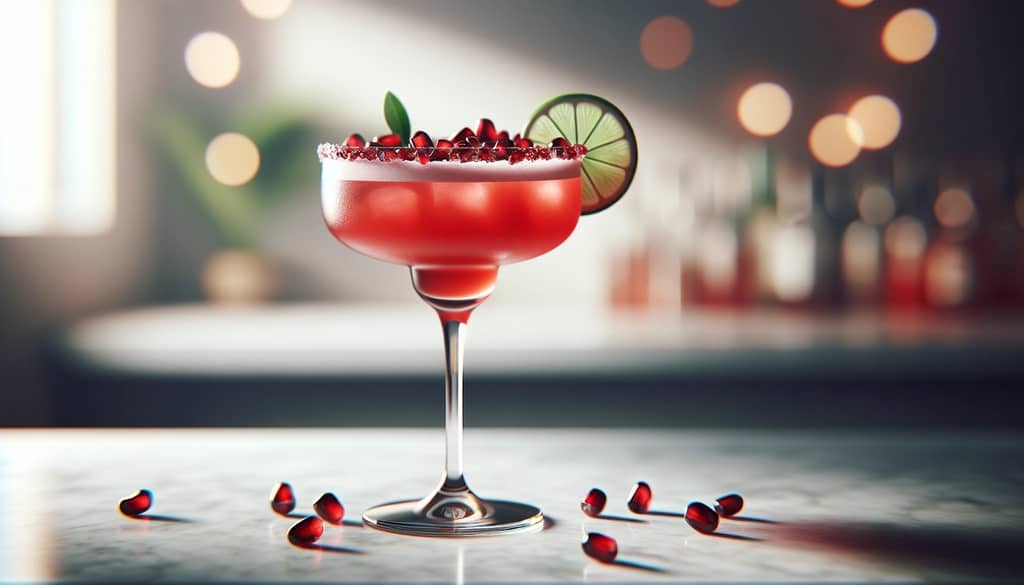 pomegranate margarita with cointreau red hue arils lime wheel