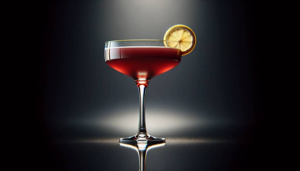 Pomegranate martini in a coupe glass with lemon twist