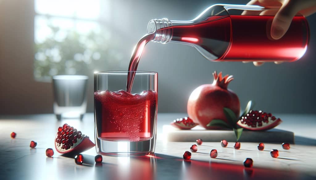 pouring pomegranate juice from bottle into glass