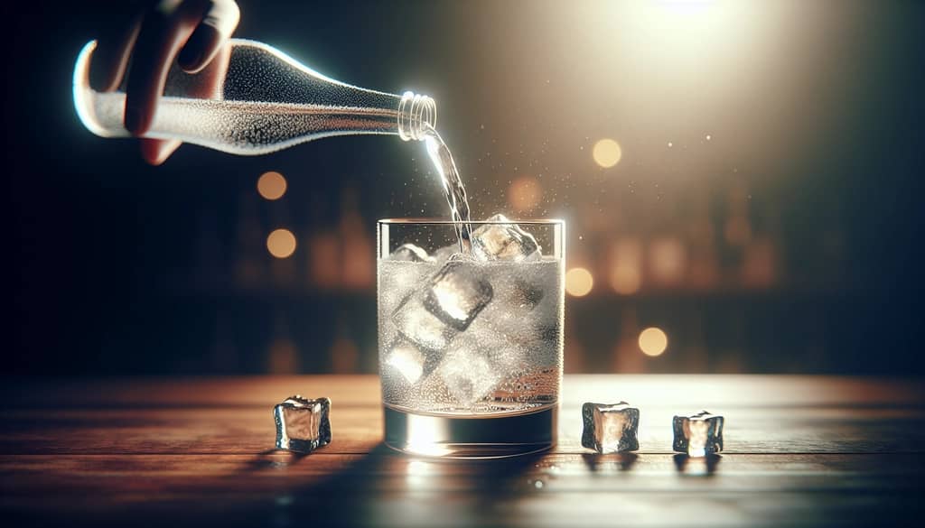 pouring soda water into a cocktail with ice
