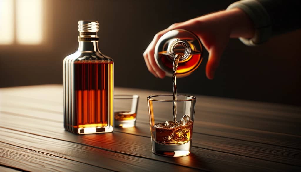 pouring amaro liqueur into a glass on a bar