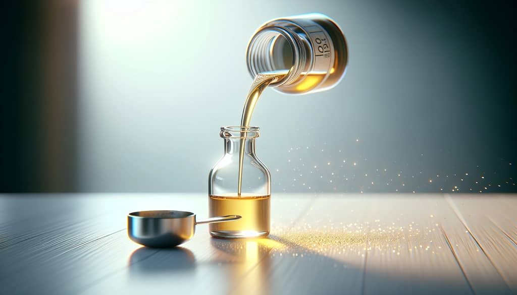 apple juice being poured from a small bottle into a measuring jigger