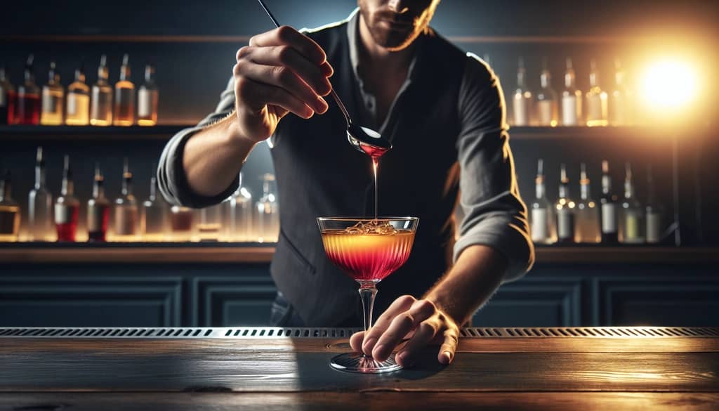 pouring liquor over a bar spoon to layer a cocktail