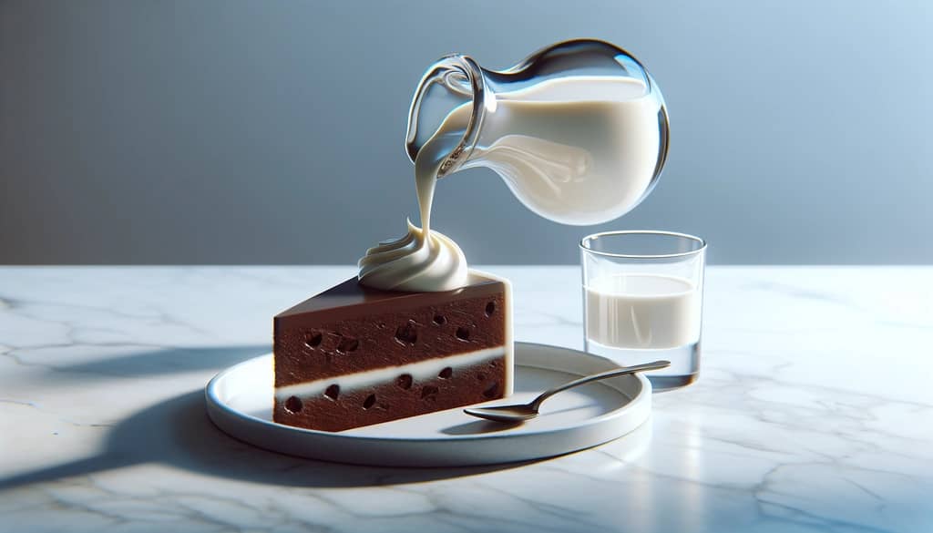 Glass jug pouring cream liqueur sauce onto cake slice