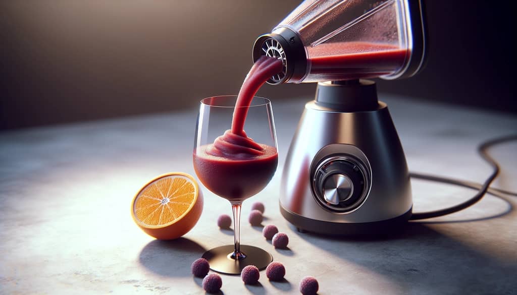 pouring frozen sangria slush from blender into wine glass