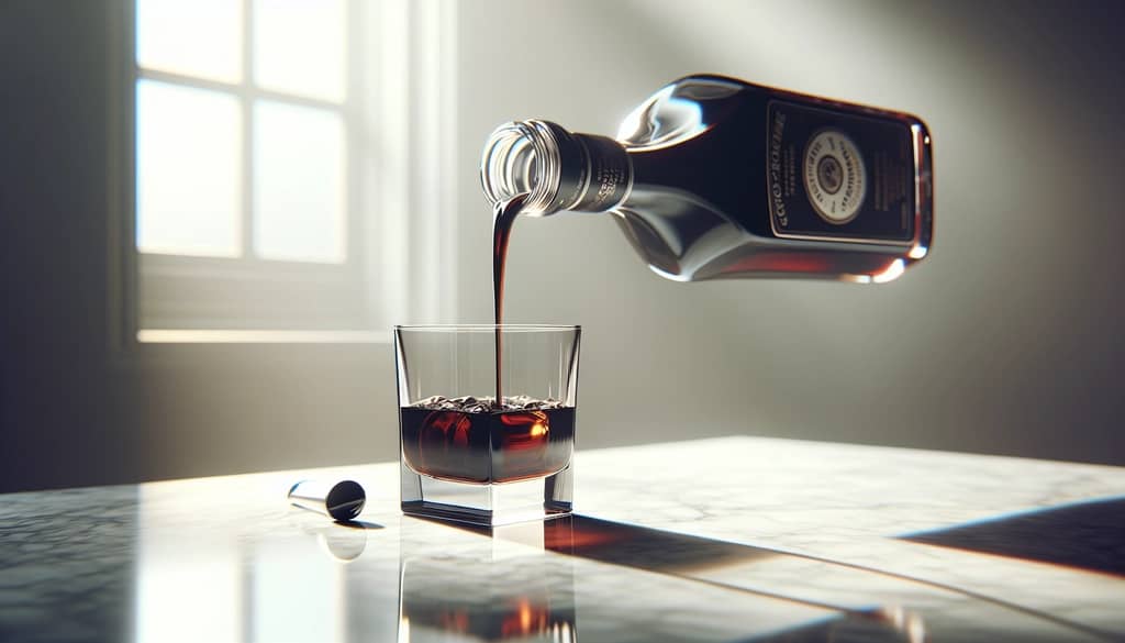 Pouring homemade coffee liqueur from a bottle into a measuring glass