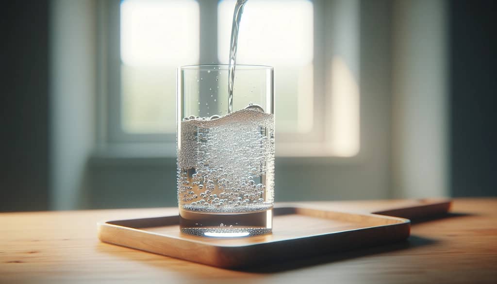 homemade soda water poured into a highball glass on a wooden tray
