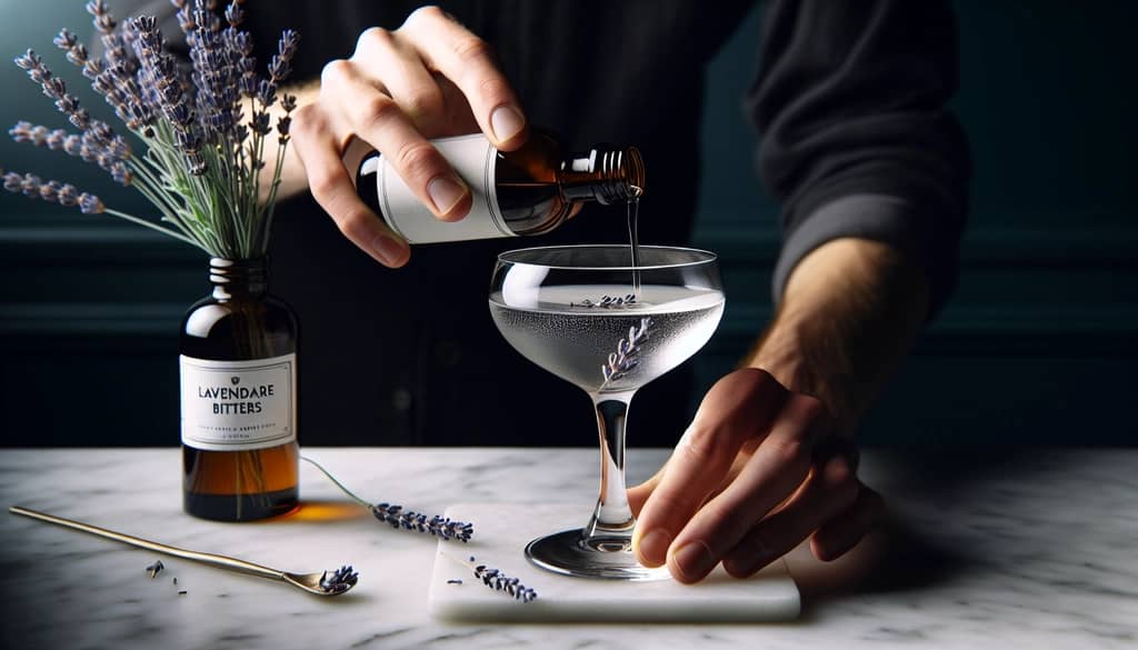 pouring lavender bitters into a gin cocktail