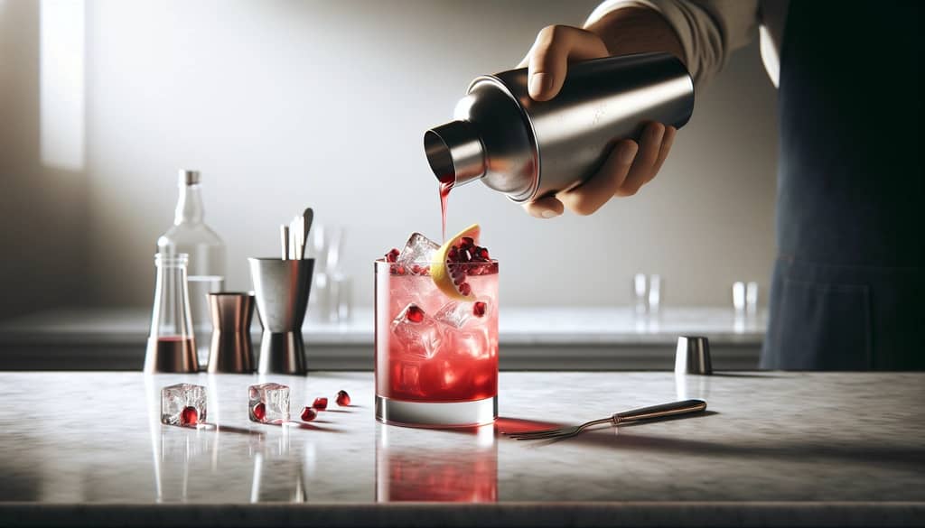 bartender straining pomegranate gin fizz into glass