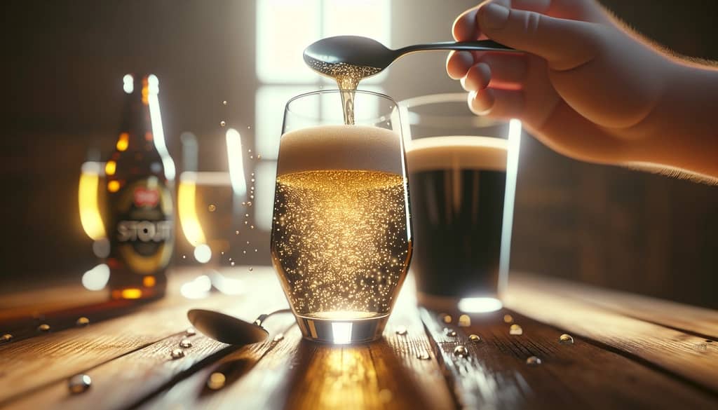 pouring stout over spoon into cider in glass