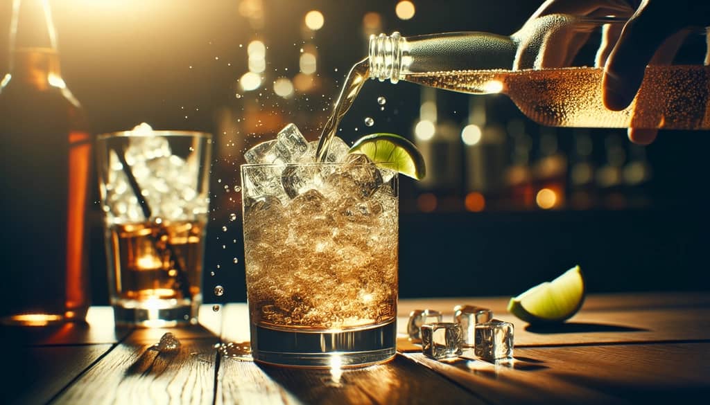 making a whiskey ginger highball over ice in a glass