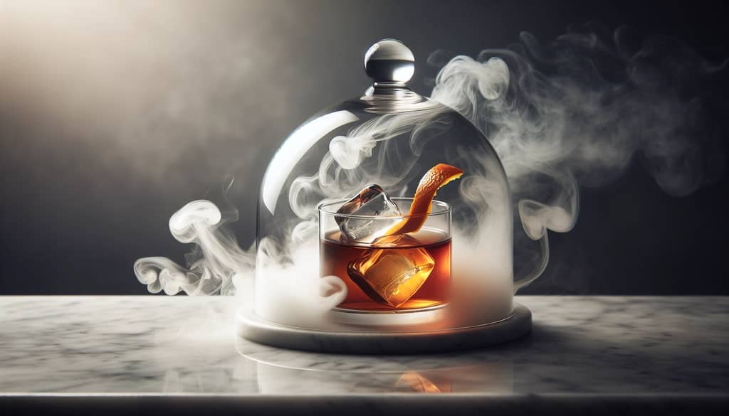 rum old fashioned cocktail preparation with smoke