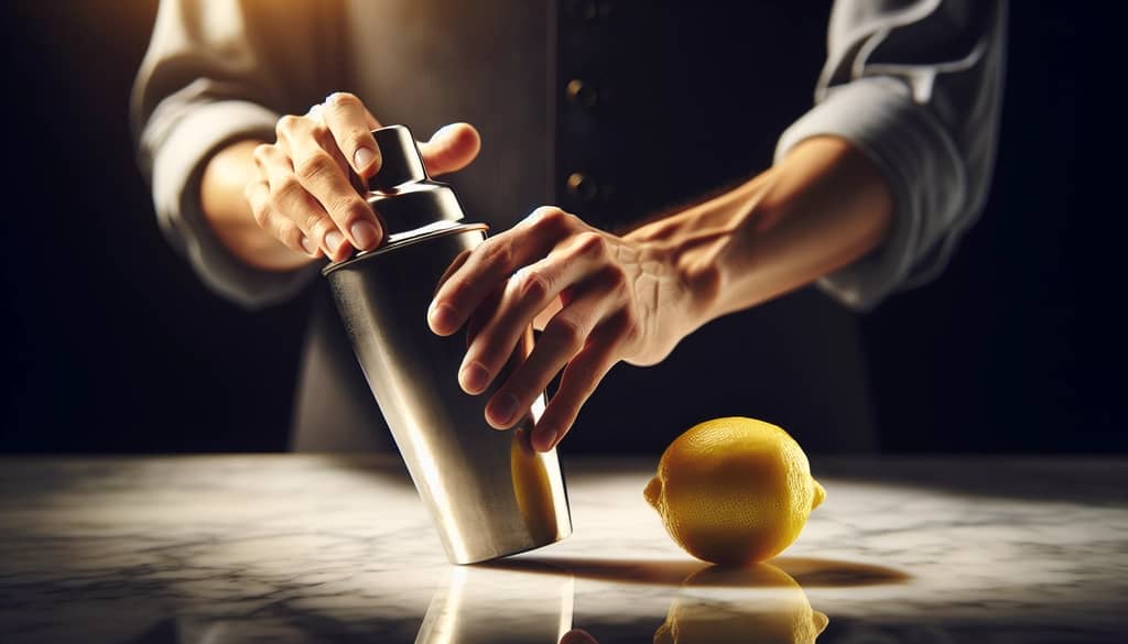 bartender preparing sour cocktail with shaker