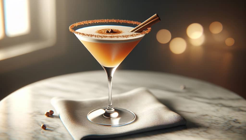 martini de tarta de calabaza en una copa de martini con adorno de rama de canela