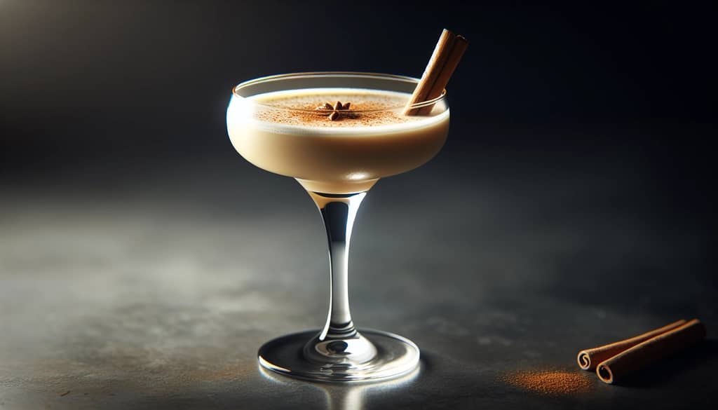 martini de latte con especias de calabaza en vaso de cóctel con rama de canela