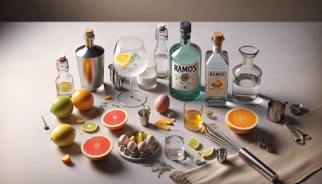 ingredients for ramos gin fizz recipe on bar