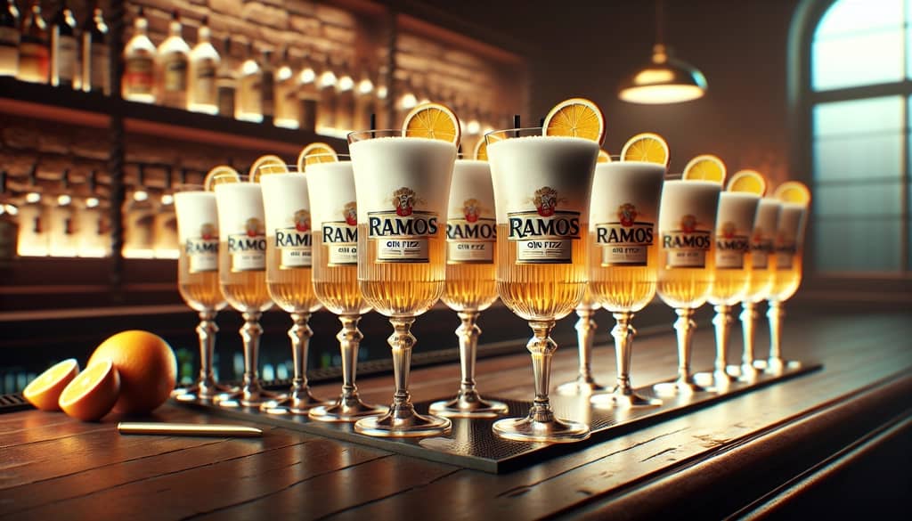 row of ramos gin fizz cocktails at new orleans bar