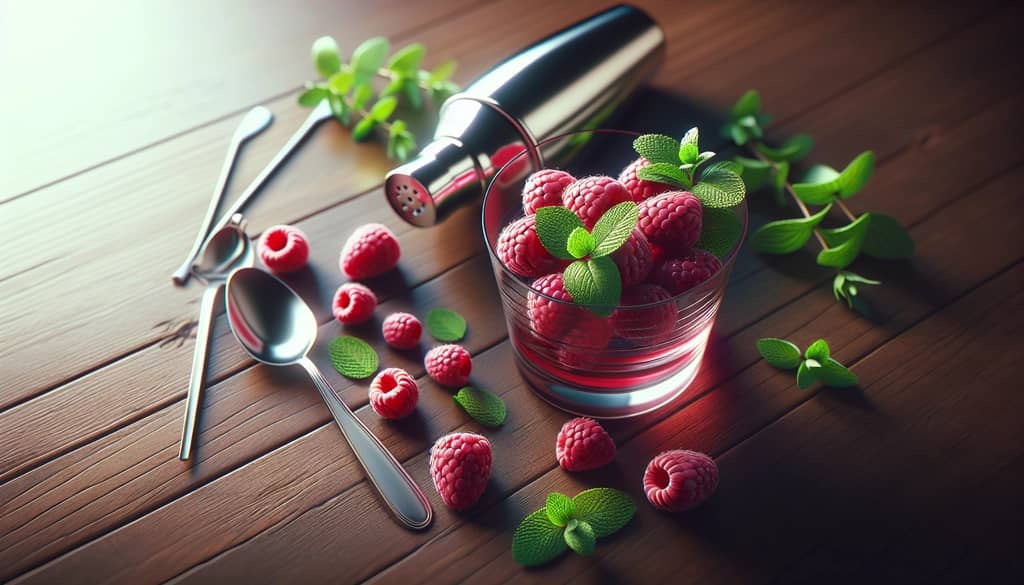 fresh raspberries and mint with bar tools