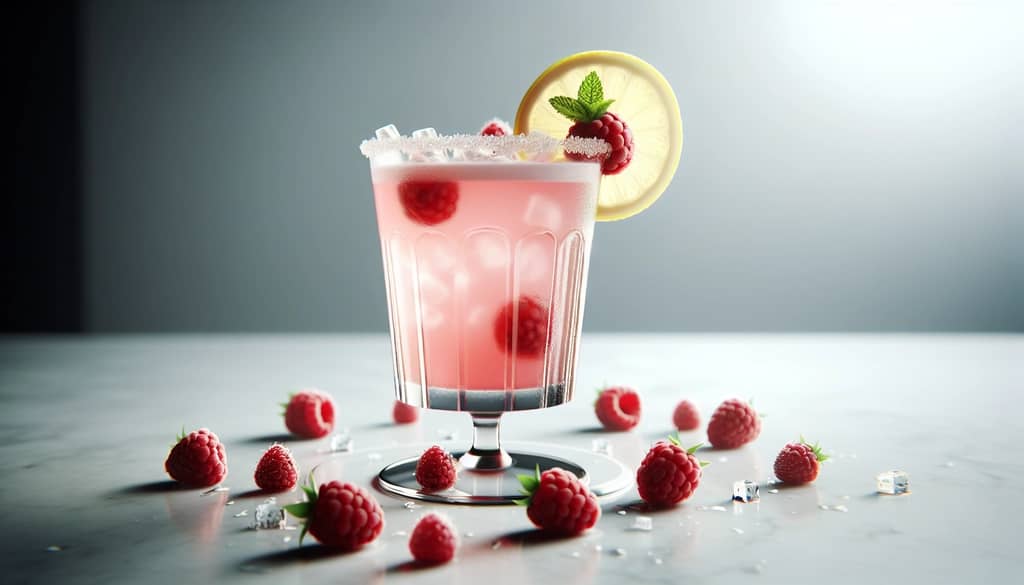 raspberry collins cocktail in a tall glass with lemon and raspberry garnish