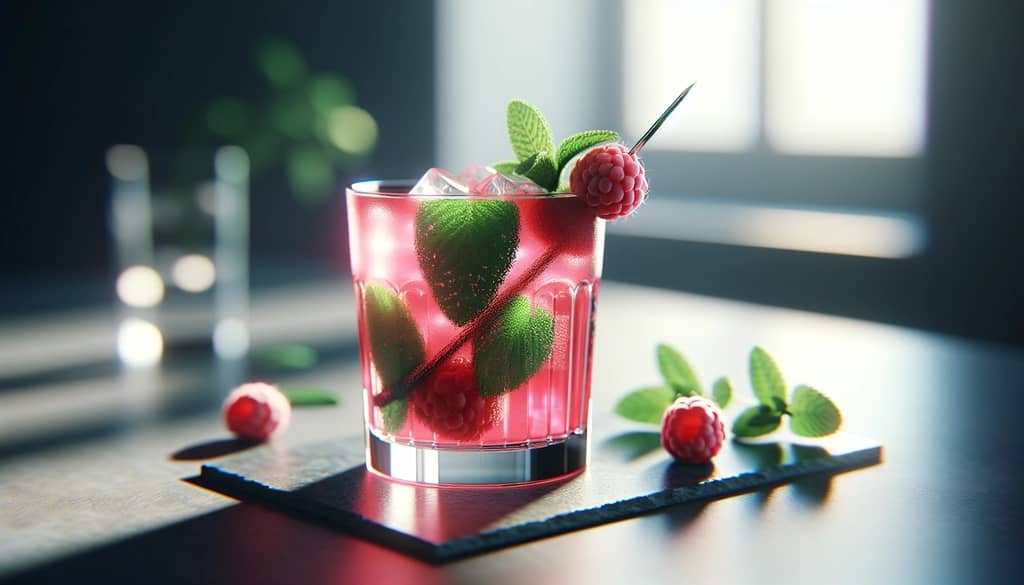 collins glass with raspberry mojito punch, mint and raspberry garnish