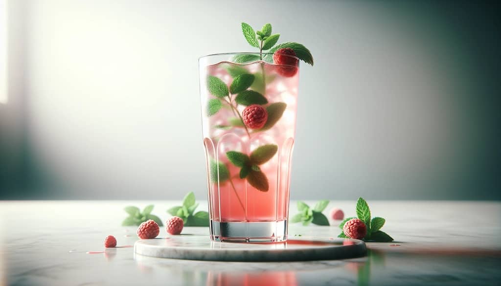 malinowe mojito w przezroczystej szklance z miętą i świeżymi malinami