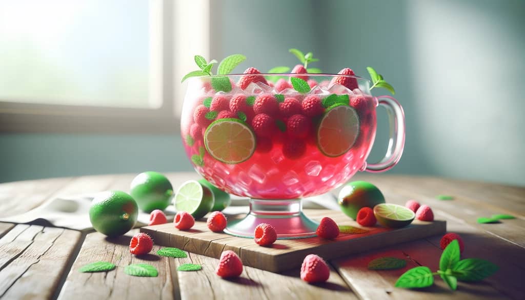 glass punch bowl with raspberry mojito punch and floating garnish